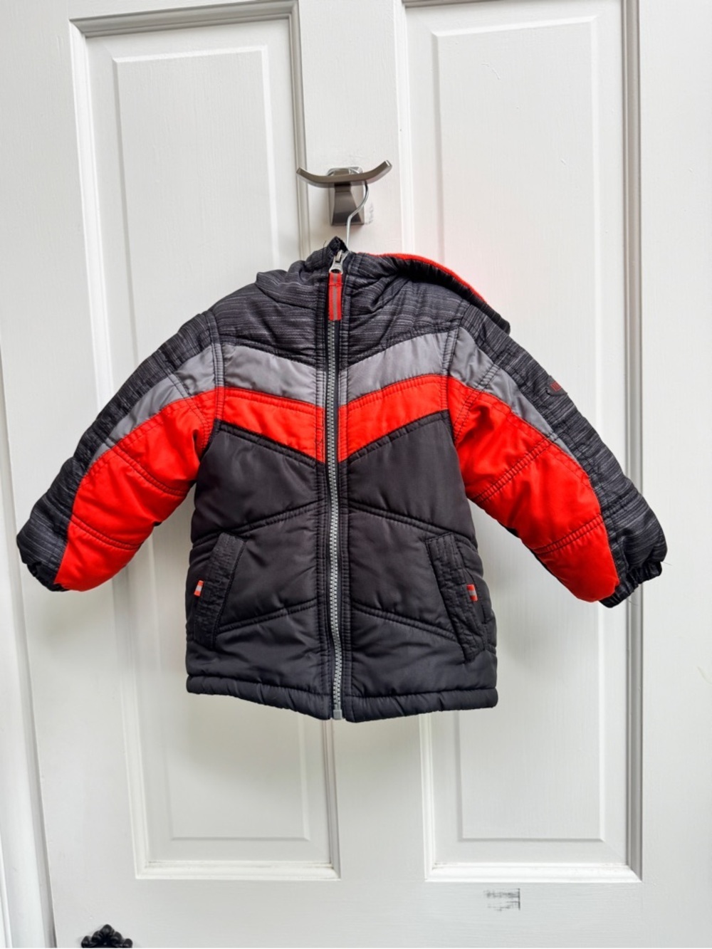 Pacific Trail Boys 24M 2T Gray & Orange Stripe Toddler Puffer Winter Jacket